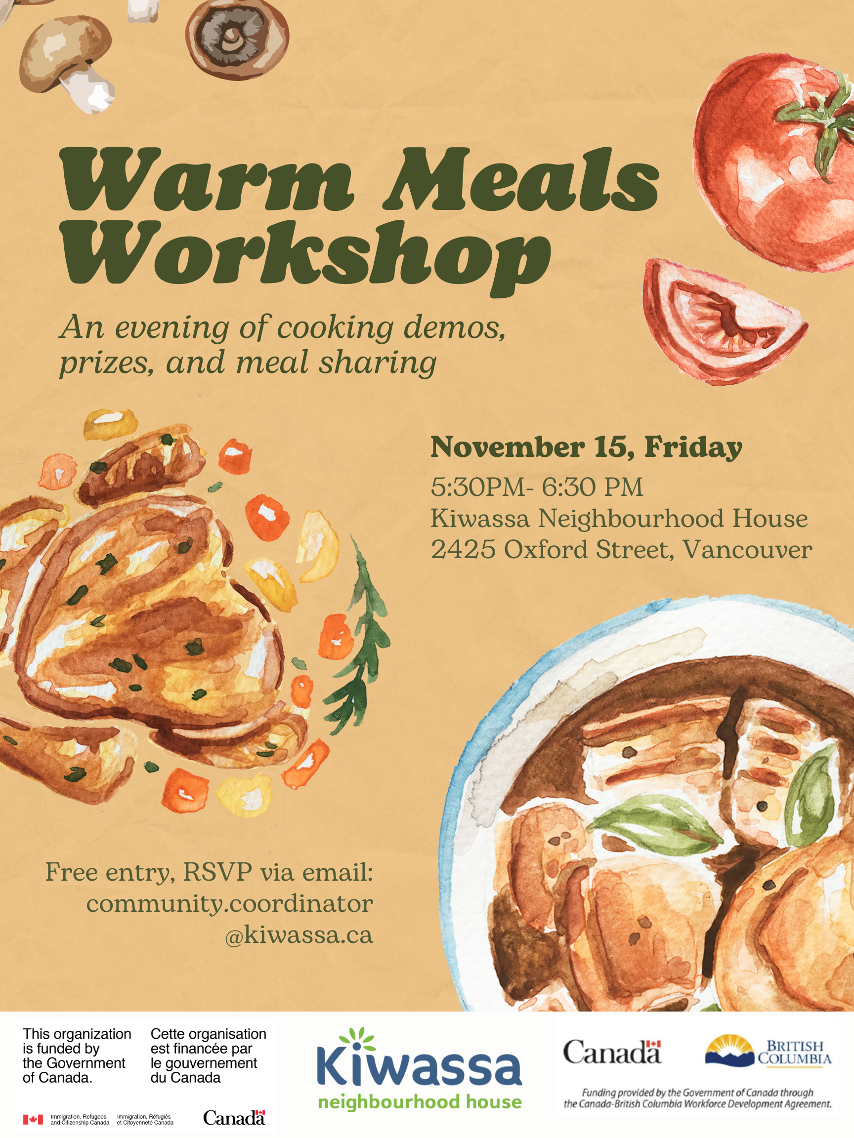 Warm Meals Workshop November 15, Friday 5:30-6:30PM